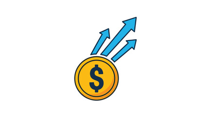 Symbol of financial growth featuring a yellow gold dollar coin at the base with three blue arrows pointing upwards against a white background.