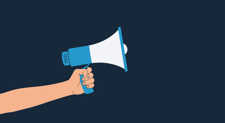 Fototapeta premium Illustration of a human hand holding a blue and white megaphone with a loud speaker against a dark navy blue background.