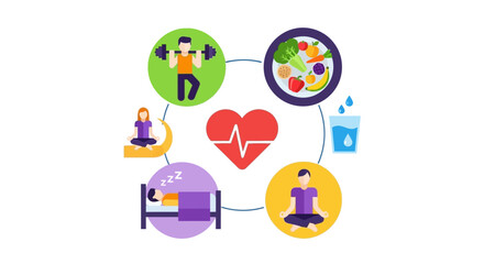 Fototapeta premium Healthy Lifestyle Concept with Exercise Nutrition Sleep Meditation and Hydration