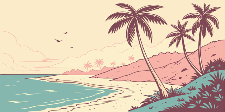 A tropical beach with palm trees on a sandy shore Vector