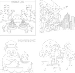Obraz premium Kids coloring book pages collection: castle siege, skateboarder city, chef panda cooking & treehouse, coloring page, line art