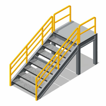 Isometric illustration of industrial stairs with yellow railings and gray steps.