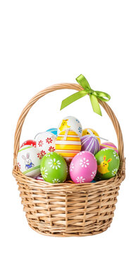 Colorful Easter eggs in a wicker basket isolated on transparent background