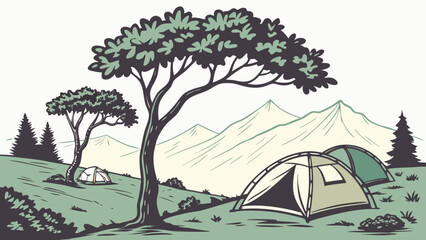 A tent pitched under a tree in a mountainous landscape Vector ©  MST RABEYA  BEGUM
