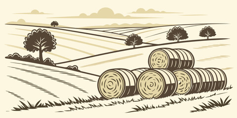 A field with hay bales and a tree Vector ©  MST RABEYA  BEGUM