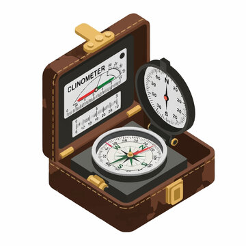 Isometric illustration of a clinometer and compass in a leather case.