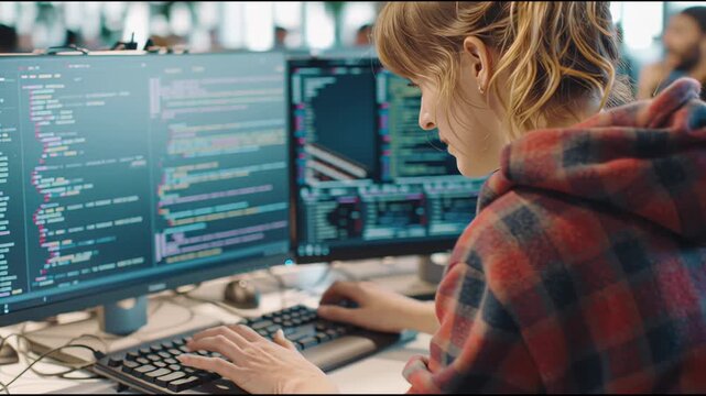 Programmers Work at Computers in an Open Office With Multiple Screens in a Busy Environment During the Day