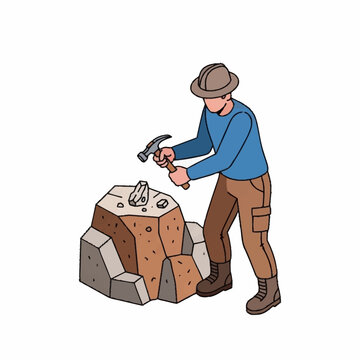 Illustration of a geologist hammering a rock, wearing a hat and boots.