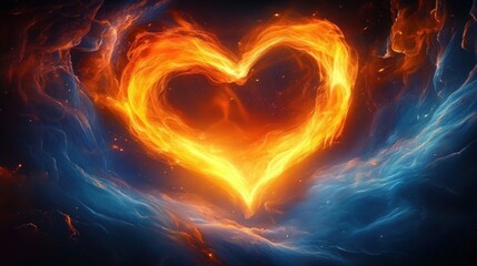 Fototapeta premium Glowing heart of fire formed by swirling flames amid blue cosmic smoke and embers, evoking intense passion, warmth and longing