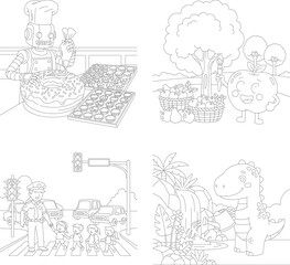 Obraz premium Children's coloring pages: chef robot pizza, dinosaur fruit, street crossing, jungle waterfall fun, coloring book, kids activity