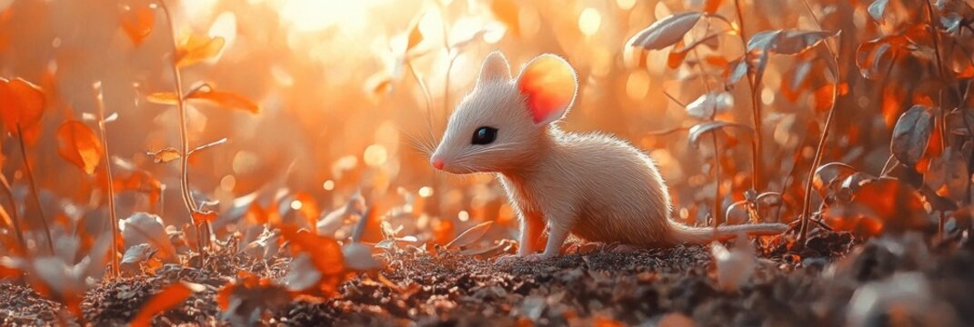 small delicate mouse with oversized ears and soft fur on sunlit earthy ground among orange backlit plants and bokeh glow evoking curiosity and peaceful wonder