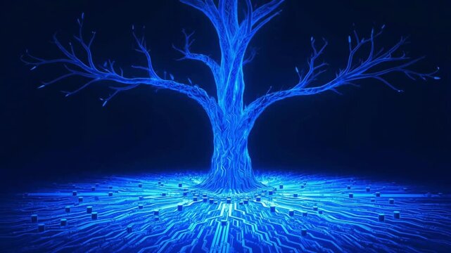 Digital tree blue light technology concept with glowing branch and data network circuit pattern cyber landscape futuristic art virtual nature innovation idea and blue circuit technology digital