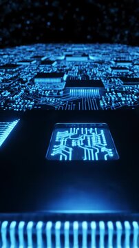 Close-up of a blue-lit circuit board highlighting microchips, traces, and connectors on a high-tech motherboard.
