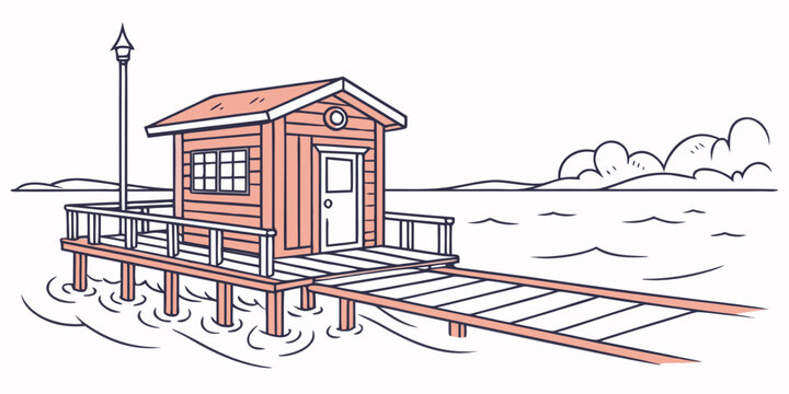A small orange train station with a platform and tracks Vector