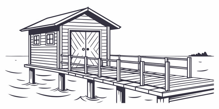 A small wooden dock with a house on stilts Vector