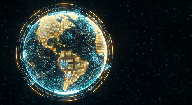 Digital planet earth globe with glowing blue nodes network lines, cyber security data protection international communication technology internet infrastructure global business development concept art