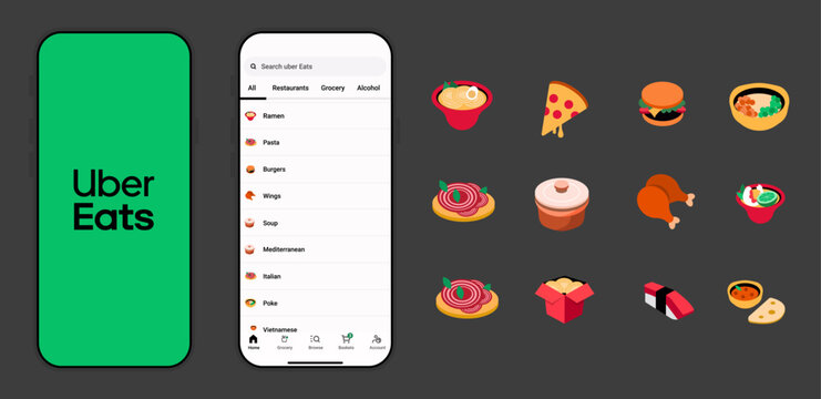Uber Eats Food Delivery Mobile Application Interface on Smartphone Screen. Uber Eats Restaurant and Food Ordering App UI Design with Food Category Icons
