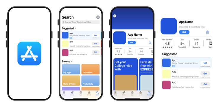 Apple App Store Mobile Application Interface on Smartphone Screen. iOS App Store Search and App Download UI Design Template for Mobile Apps