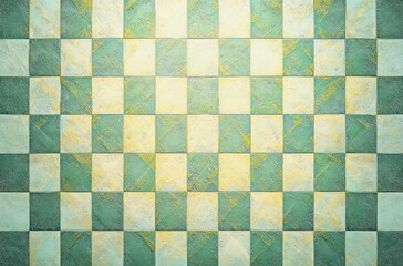 Fototapeta premium Textured wall with alternating green and yellow square tiles arranged in a symmetrical grid pattern creating a geometric visual effect