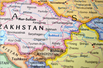 Naklejka premium Defocused Map Background Highlighting Balkhash Geography and Travel Concept