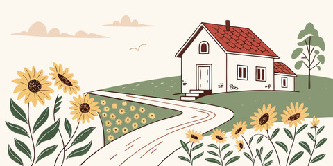 A house with sunflowers and a red roof on a green hill Vector ©  MST RABEYA  BEGUM