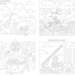 Fototapeta premium Action coloring book: dragon treasure, stormy shipwreck, ramen chef & firefighter rescue scene, line art, outline drawing