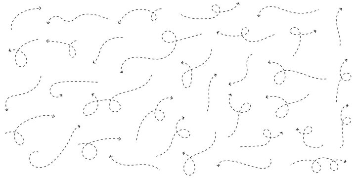 Doodle Arrow Set with Hand Drawn Marker Lines, Curved Arrows and Dotted Path Symbols