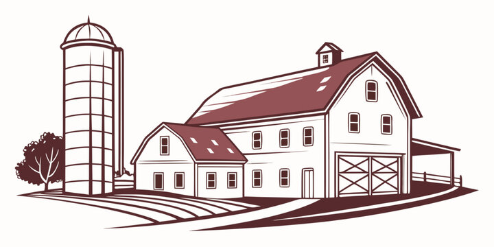 A large farm with a barn and silo Vector