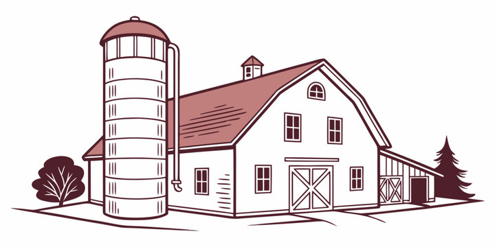 A red and white drawing of a barn with a silo Vector
