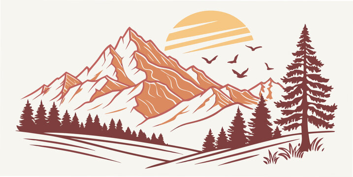 A mountain landscape with a sun and a pine tree Vector