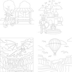 Obraz premium Adventure coloring book pages set: hot air balloon, castle, dragons, and scooter park scenes for kids, medieval castle