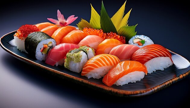 assorted sushi pieces beautifully arranged on a plate culinary art