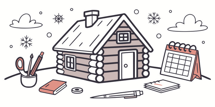 A small log cabin with a calendar and office supplies Vector