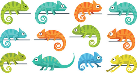 Obraz premium Chameleon Vector Illustration Set Featuring Colorful Tree Lizards with Curled Tails in Different Crawling Poses for Tropical Wildlife Graphics and Nature Designs.