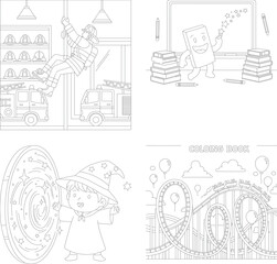 Obraz premium Fun kids coloring pages: firefighter, school chalkboard, wizard magic, and roller coaster park, coloring book, amusement park