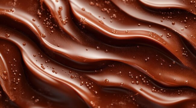 glossy molten chocolate waves with glistening droplets, smooth silky texture and tiny shimmering crystals, decadent indulgent close-up evoking warmth and temptation