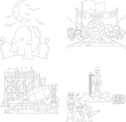 Fototapeta premium Diverse coloring book fun: halloween night, race track, construction site, and rocket launch, concrete mixer, race car