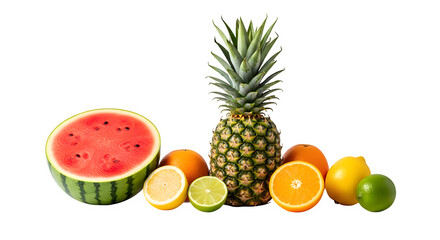 Fresh fruit arrangement isolated on transparent background with pineapple and watermelon