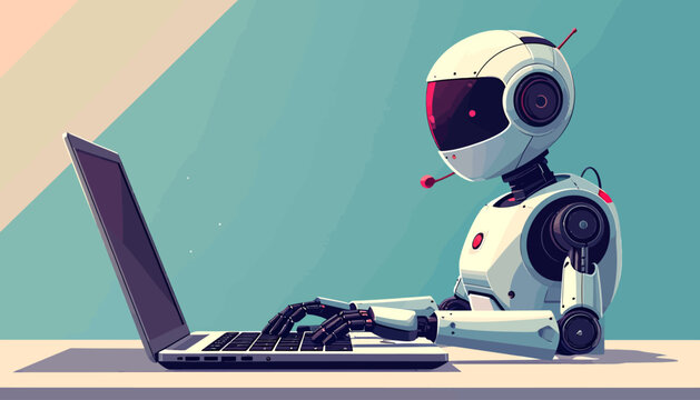Advanced AI robot diligently working on a laptop, symbolizing the innovative future of automation, digital intelligence, and the evolving landscape of human-machine collaboration in the workplace