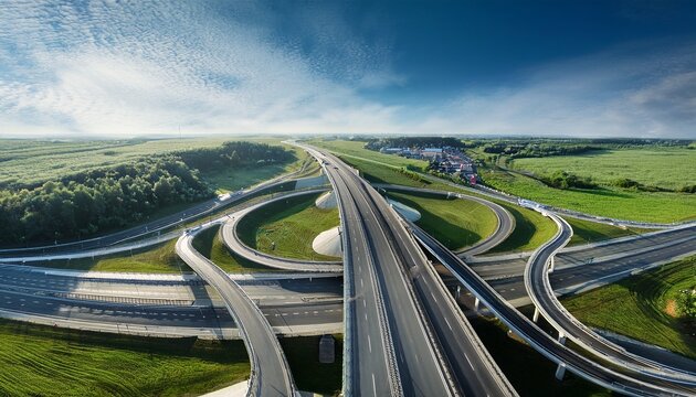 aerial top view of multilevel empty junction ring road in sunny summer day