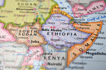 Naklejka premium Ethiopia on World Map Close Up Macro Defocused Background Geographic Image