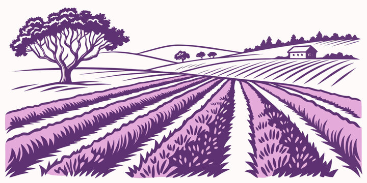 A purple illustration of a vineyard with rows of grapevines and a tree Vector