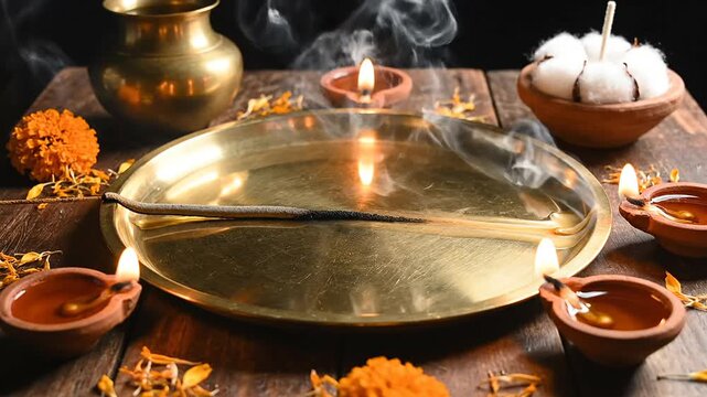 Traditional indian festival puja setup with burning incense and lit oil lamps on a rustic wooden table