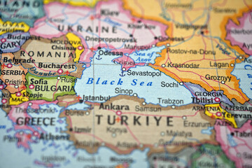 Naklejka premium Defocused Map Background Highlighting Black Sea Geography and Travel Concept