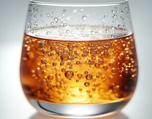 close-up glass of sparkling amber beverage with rising bubbles and glistening condensation, evoking refreshing effervescence
