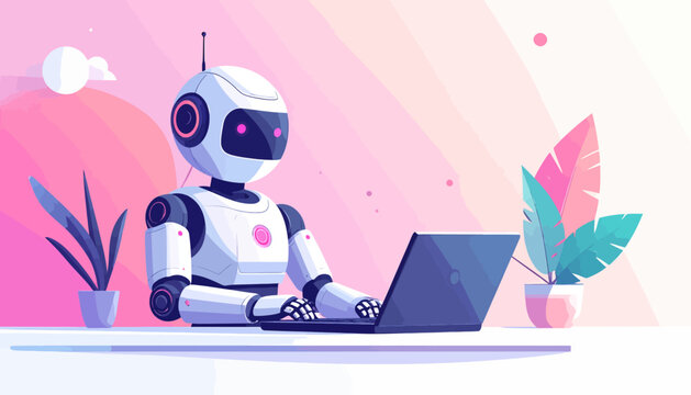 A friendly white robot with pink details is diligently working on a laptop at a desk, surrounded by potted plants in a modern, colorful office illustration.