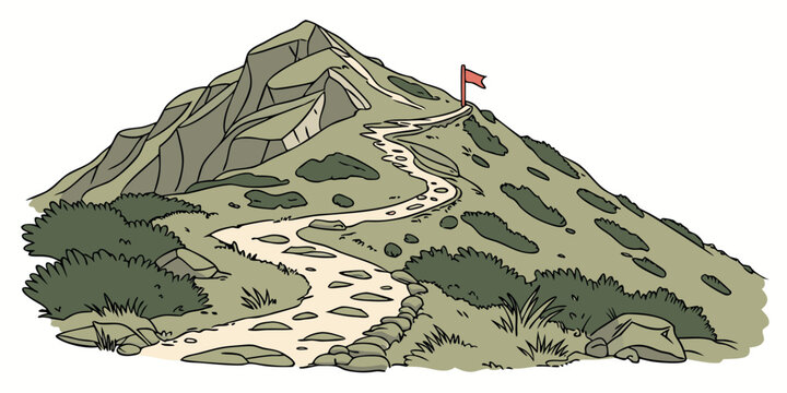 A green mountain with a red flag on top Vector