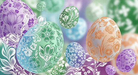 Fototapeta premium Ornate Easter Eggs with Intricate Floral Patterns Painted in Soft Pastel Colors for a Festive Theme.