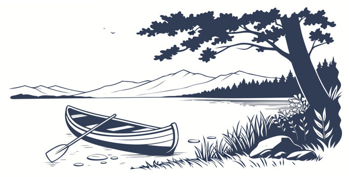 A small boat sitting under a tree by the water Vector