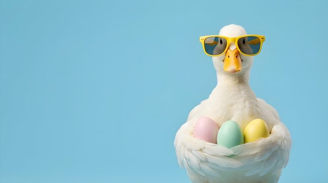 Cute Easter duck wearing yellow sunglasses sitting in nest with colorful pastel eggs, adorable spring holiday farm bird portrait isolated on blue background with playful festive atmosphere